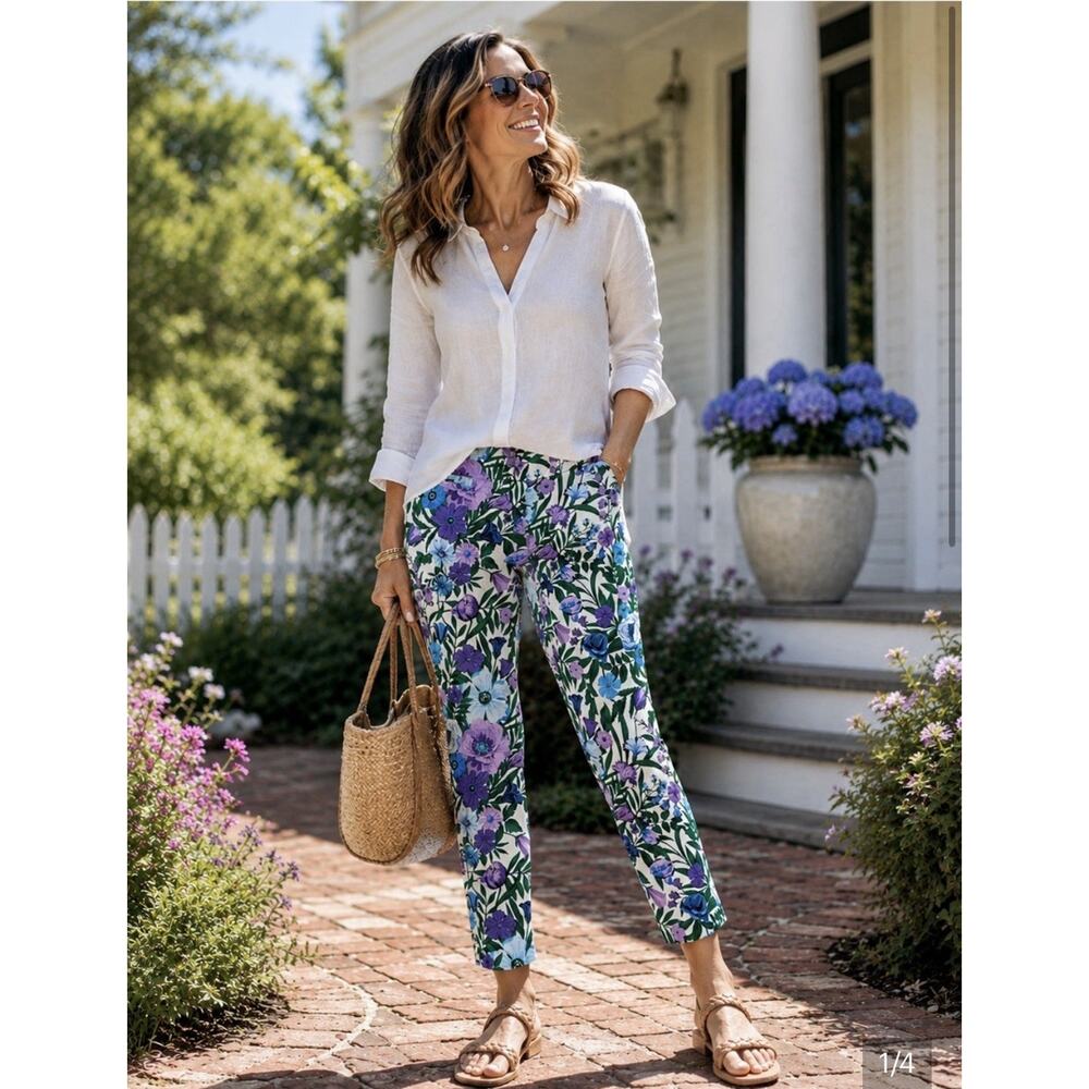 Talbots White Linen Blouse with Floral Ankle Pants